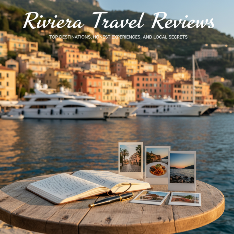 Riviera coast, luxury yachts, pastel towns, and a travel journal on a café table at golden hour.