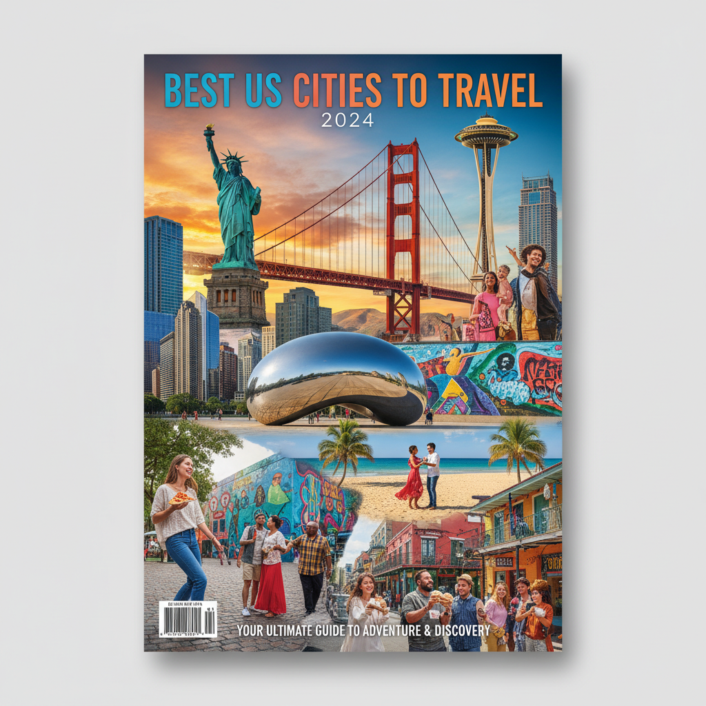Collage of top US city landmarks and travelers, celebrating “Best US Cities To Travel 2024”