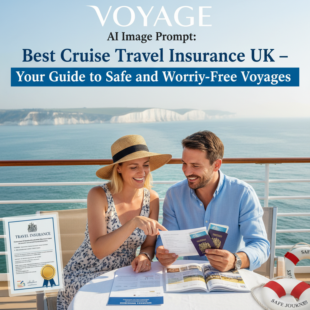 Couple reviews cruise insurance by UK landmarks; tips for safe, stress-free voyages headline the cover.