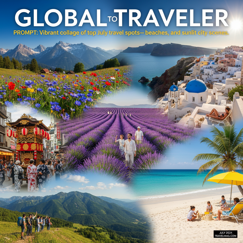 Vibrant collage of top July travel spots—beaches, mountains, festivals, and sunlit city scenes.