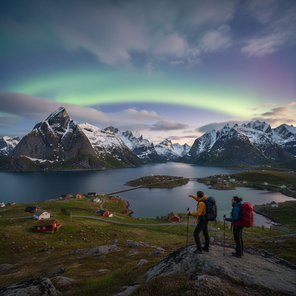 alt_text Travelers admire Norway’s fjords, snowy peaks, colorful houses, and Northern Lights in a dramatic landscape.