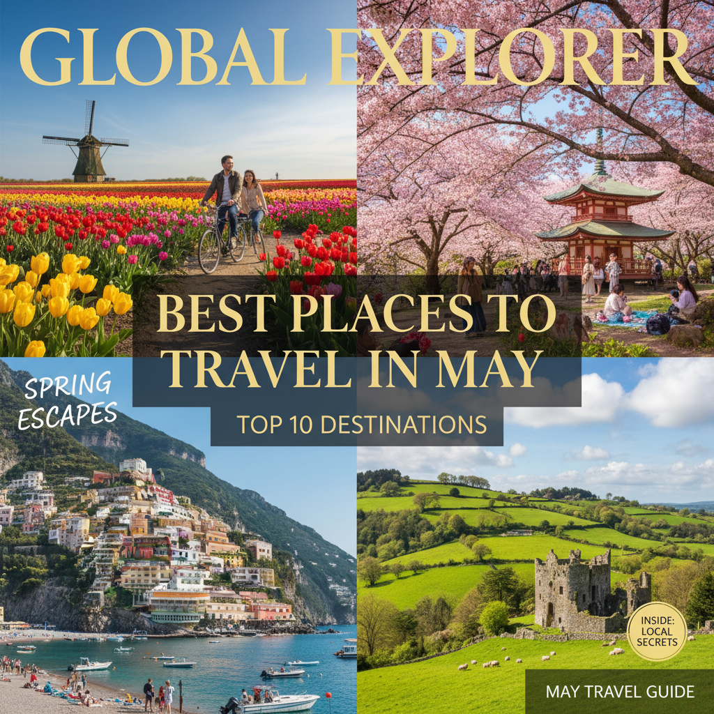 Collage of May travel spots: tulip fields, cherry blossoms, Amalfi Coast, Ireland, and magazine titles.