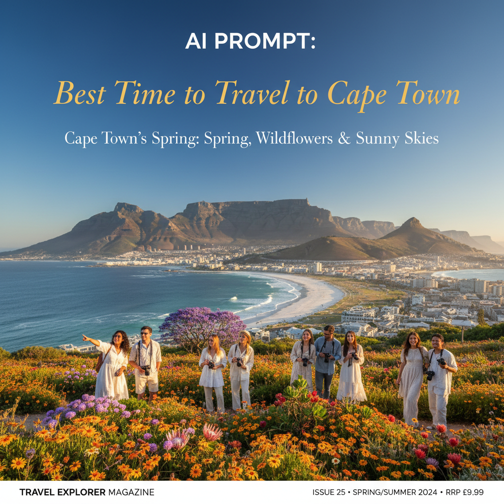 Cape Town’s spring: Table Mountain, wildflowers, sunny skies, and tourists enjoying peak travel season.