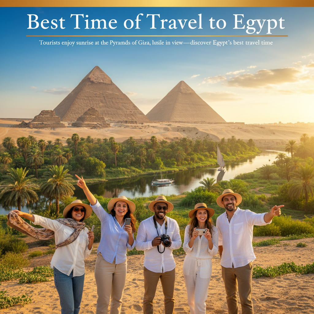 Tourists enjoy sunrise at the Pyramids of Giza, lush Nile in view—discover Egypt’s best travel time.