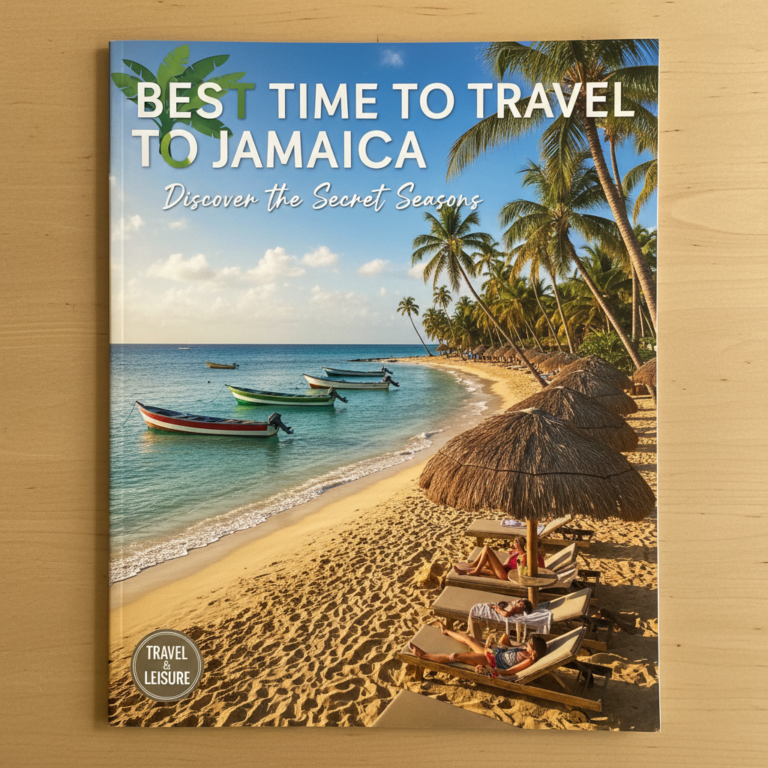 Idyllic Jamaican beach scene with turquoise waters, palm trees, boats, and "Best Time to Travel."
