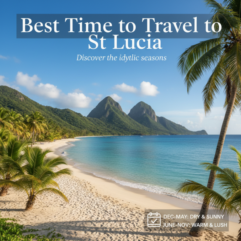 Best Time to Travel to St Lucia: idyllic sunlit beach, turquoise waters, and the Pitons under clear skies.