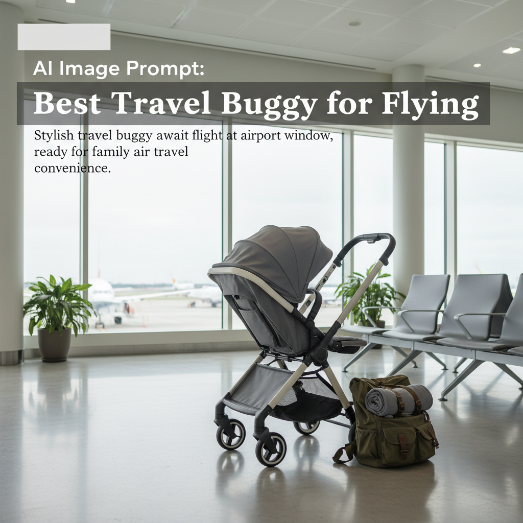 Stylish travel buggy and bag await flight at airport window, ready for family air travel convenience.