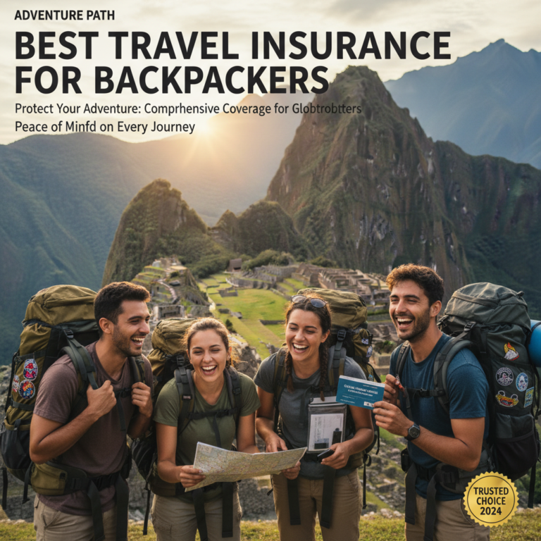 alt_text Diverse backpackers at a scenic landmark, smiling with travel gear and insurance details for reassurance.