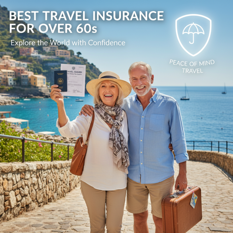 Smiling older couple travels safely, showing travel insurance coverage for over 60s at scenic destination.