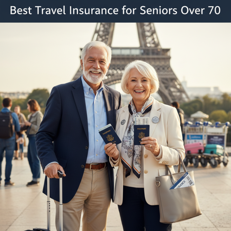 Active senior couple with passports and bags at a travel landmark, ready for a safe, exciting journey.