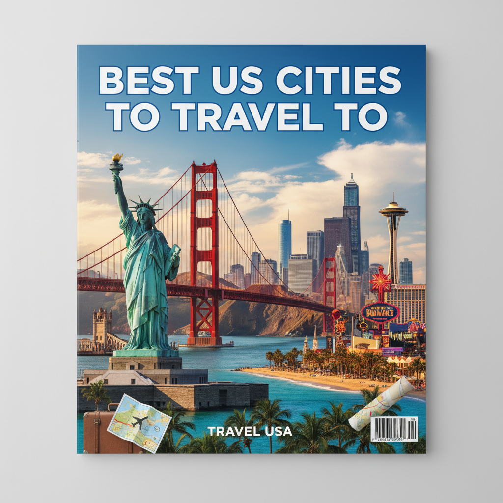 Collage of top US city landmarks on a bright, modern magazine cover inspiring travel and adventure.