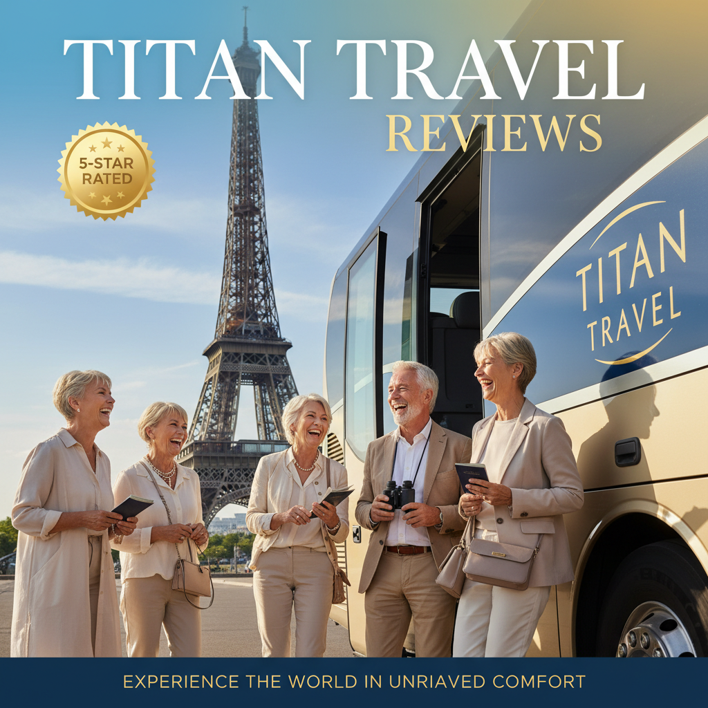 Mature travelers smile by a Titan Travel bus with icons like the Eiffel Tower and 5-star ratings.
