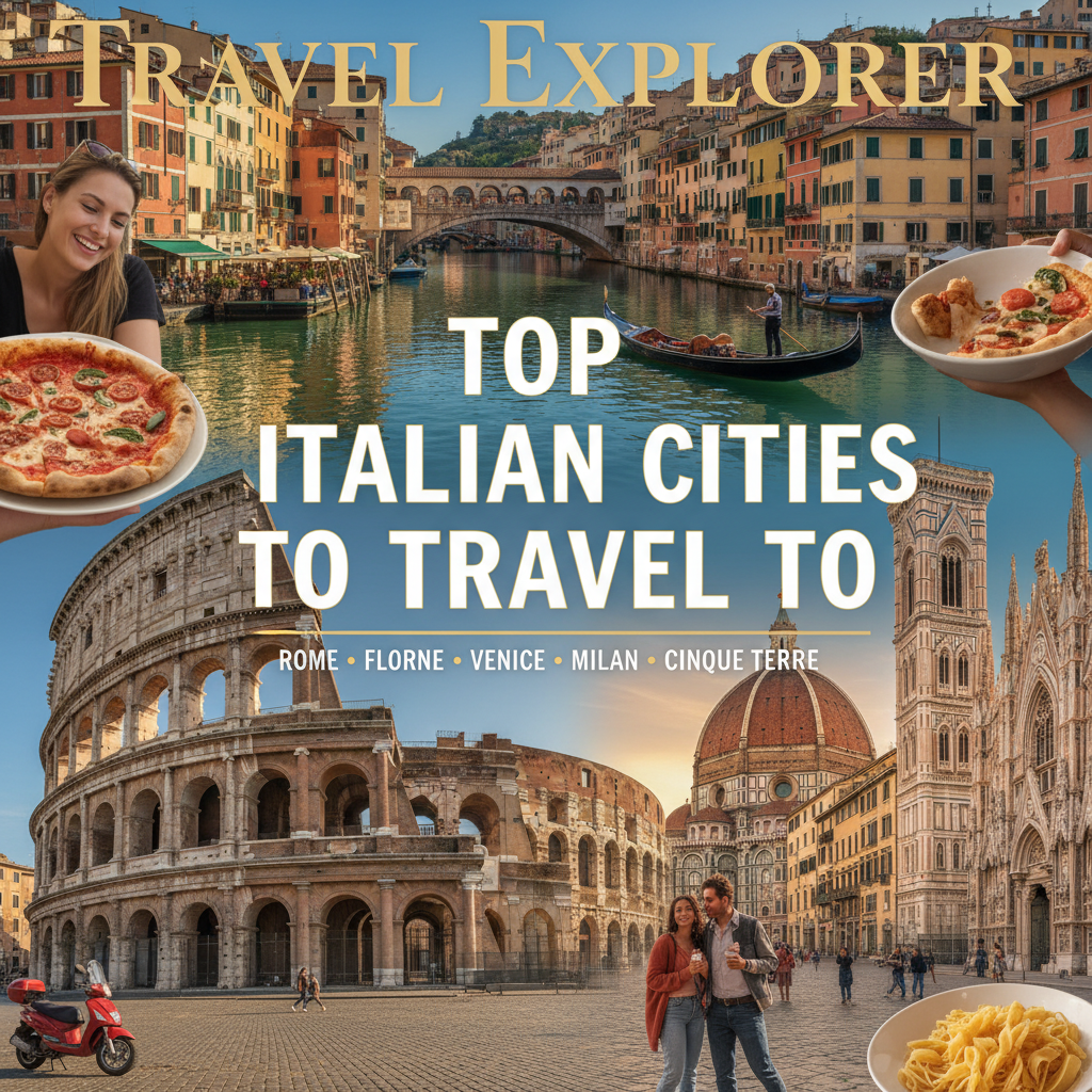 Italy’s top cities collage: Rome, Florence, Venice, Milan, Cinque Terre, landmarks, food, vibrant travel