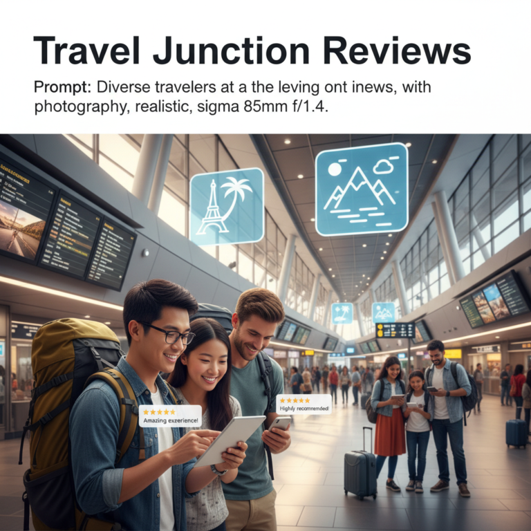 alt_text Diverse travelers at a modern terminal checking and leaving reviews on their devices, with destination icons.