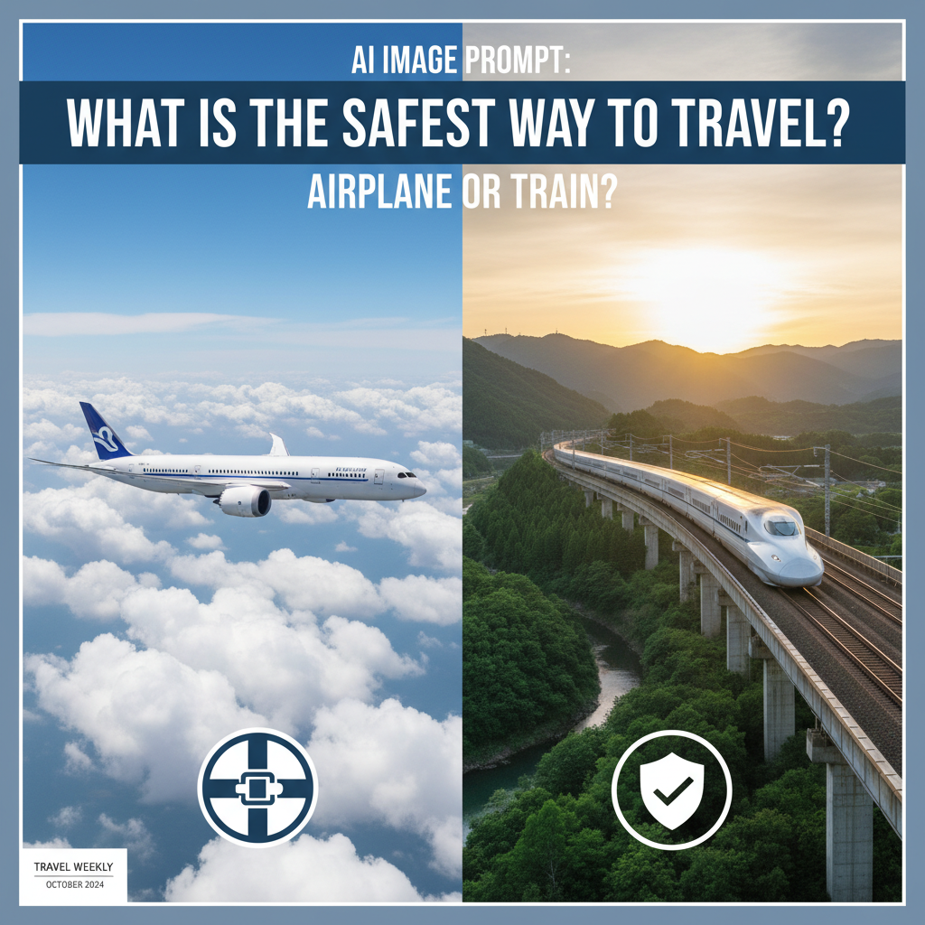 Airplane and train shown side by side, exploring which is the safest travel mode with safety icons.