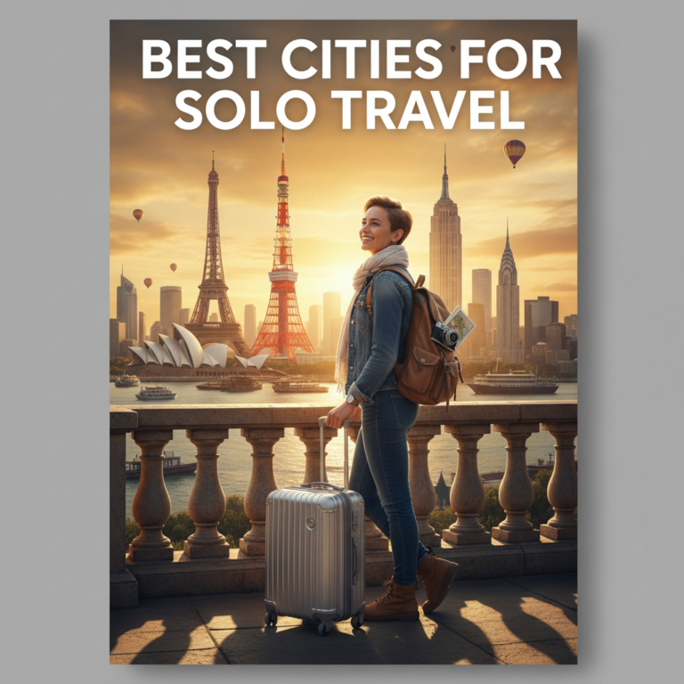 Solo traveler overlooks world landmarks, suitcase in hand, for "Best Cities for Solo Travel" magazine cover.