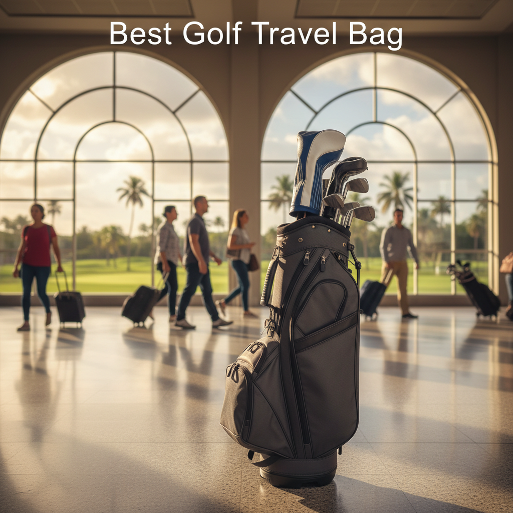 Premium golf travel bag at an airport with clubs inside, evoking travel excitement and adventure.