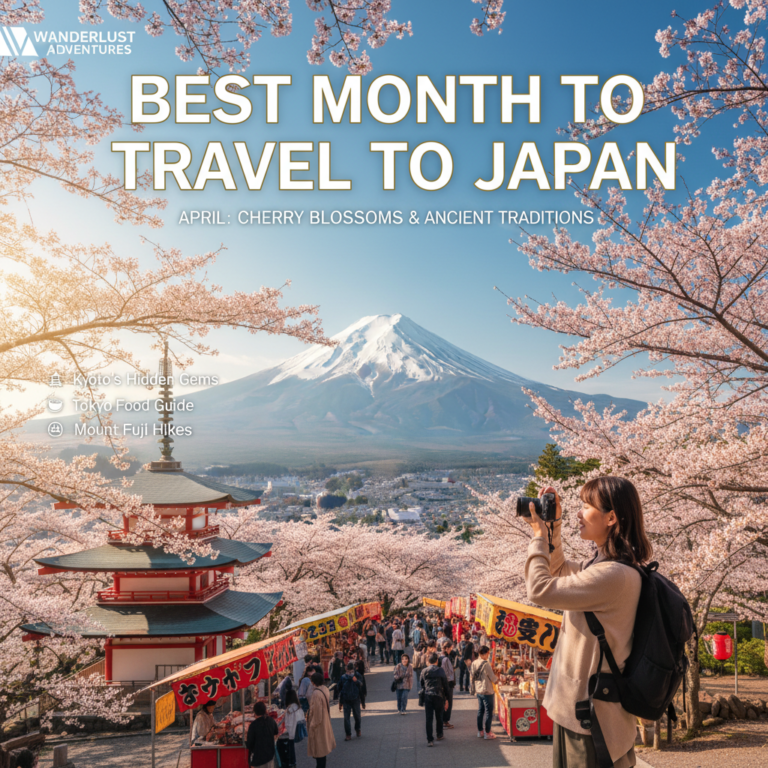 Traveler admires cherry blossoms and Mount Fuji on a spring magazine cover about visiting Japan in April.