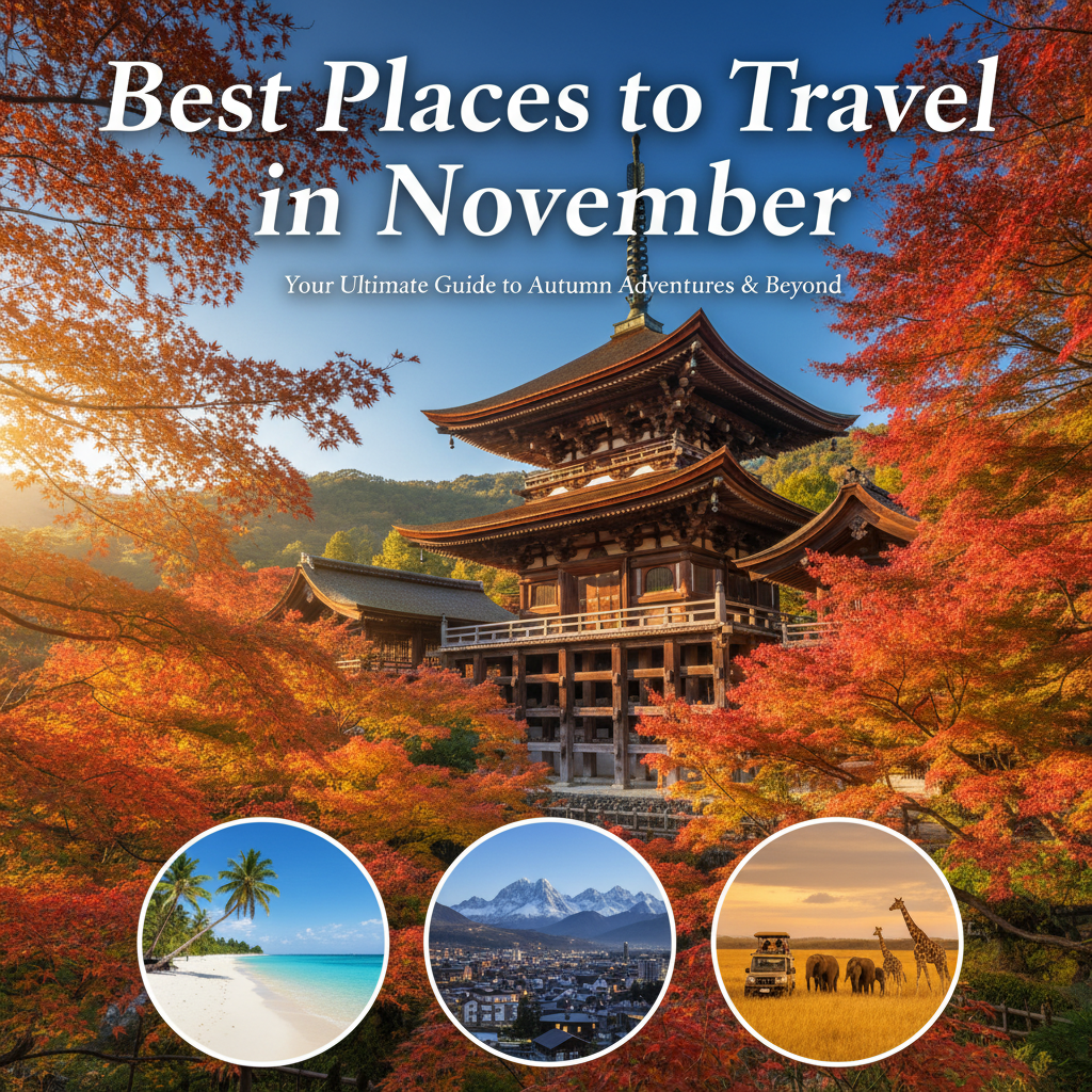 Magazine cover shows stunning Kyoto autumn, tropical Maldives, snowy Switzerland, and South African safari.