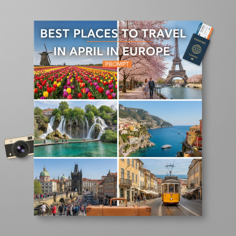 Vibrant magazine cover of Europe’s top April travel spots: tulips, cherry blossoms, coastlines, old towns.