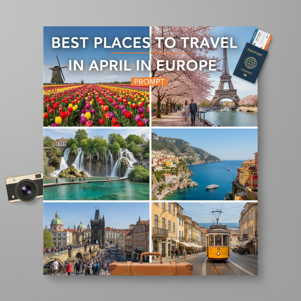 Vibrant magazine cover of Europe’s top April travel spots: tulips, cherry blossoms, coastlines, old towns.