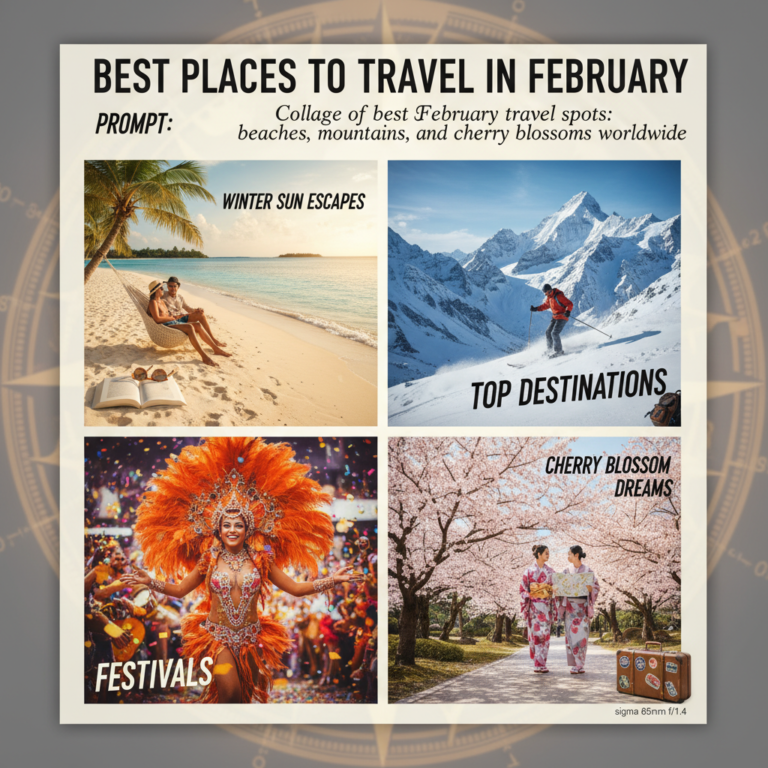 Collage of best February travel spots: beaches, mountains, festivals, and cherry blossoms worldwide.