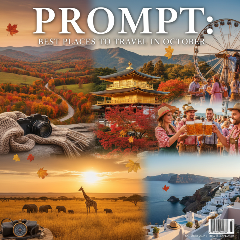 Collage of top October travel spots worldwide, featuring vivid autumn leaves and iconic destinations.