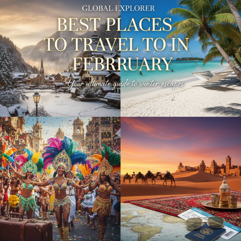Collage of snowy village, tropical beach, festival, and desert for "Best Places to Travel in February."