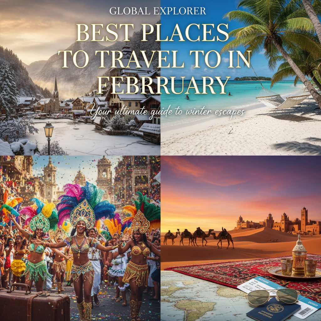 Collage of snowy village, tropical beach, festival, and desert for "Best Places to Travel in February."