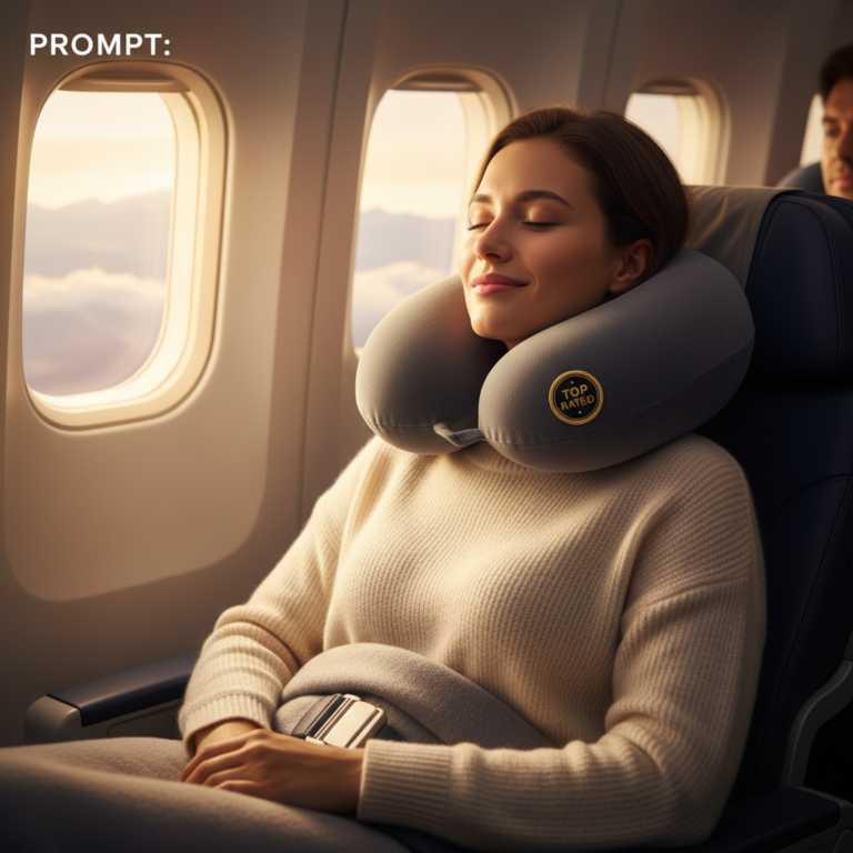 alt_text: Traveler resting with a premium, top-rated pillow in an airplane, highlighting ultimate in-flight comfort.