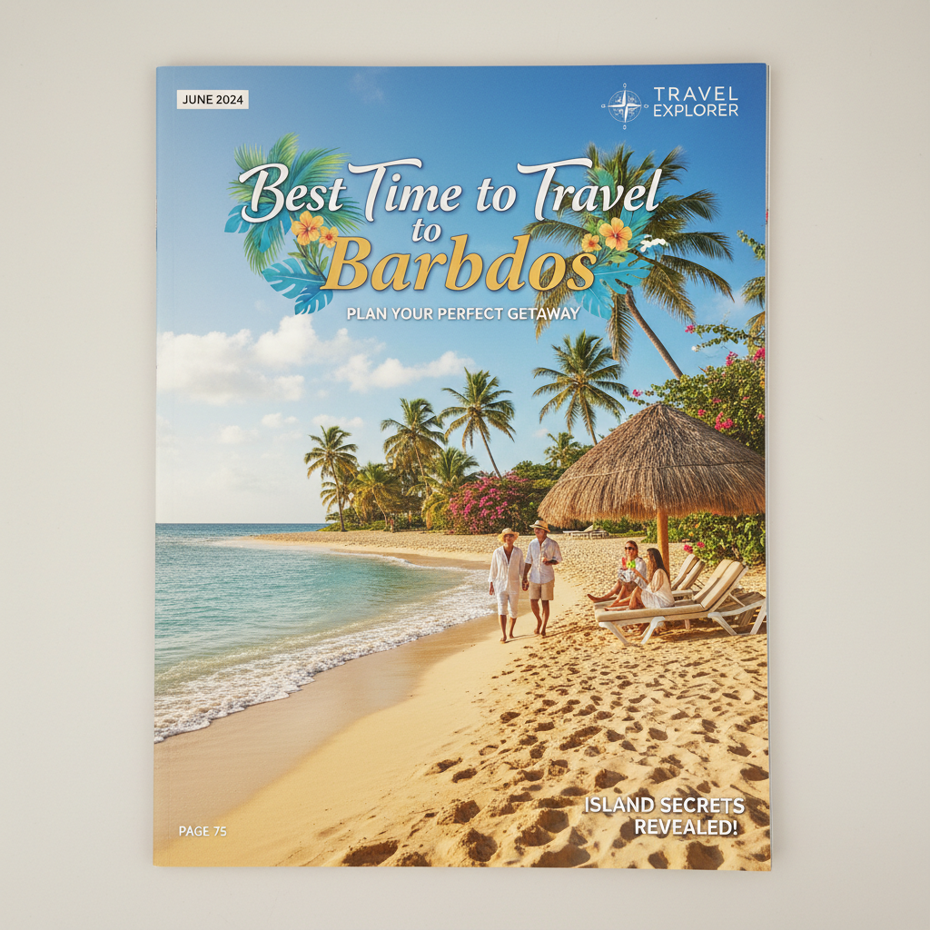 Idyllic Barbadian beach scene features on a magazine cover titled "Best Time to Travel to Barbados."