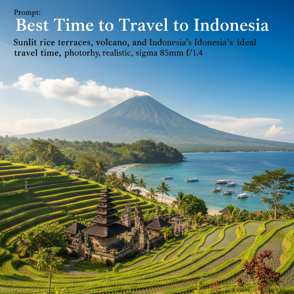Sunlit rice terraces, volcano, Balinese temple, boats, and lush foliage show Indonesia’s ideal travel time.