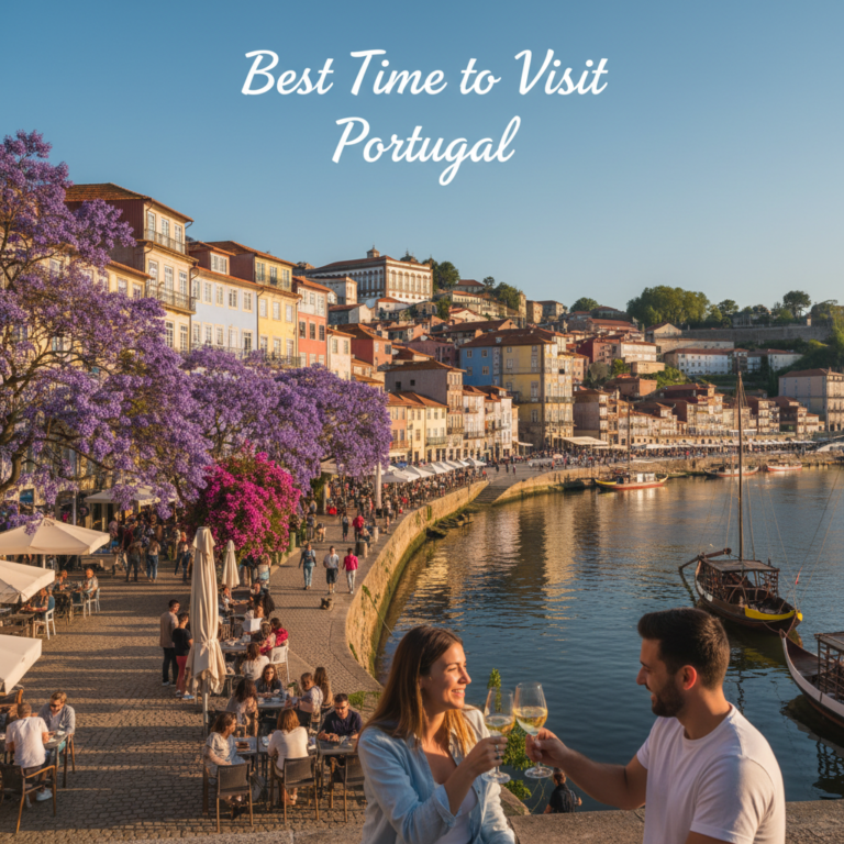 Sunny Portuguese waterfront in late spring with blooming trees, historic buildings, and café life.
