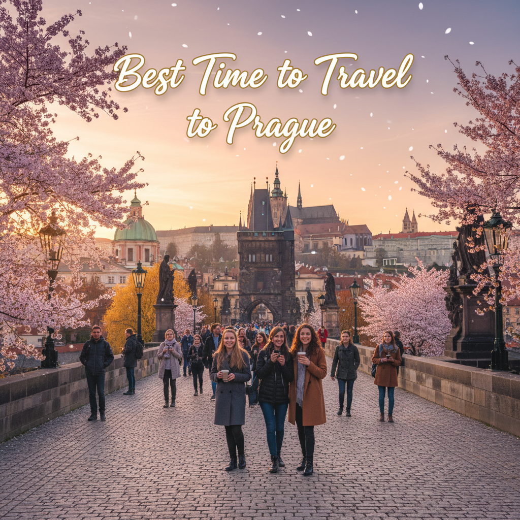 Travelers enjoy Charles Bridge at sunrise with Prague Castle and seasonal blooms; best time to visit.