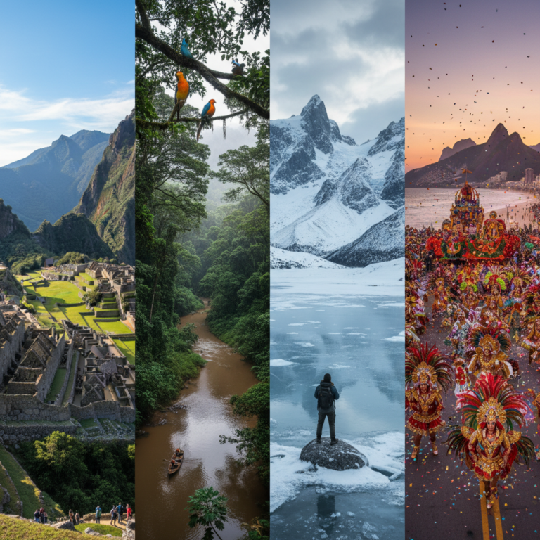A panoramic scene of South America's landmarks through seasons: Machu Picchu, Patagonia, Amazon, and Rio Carnival.